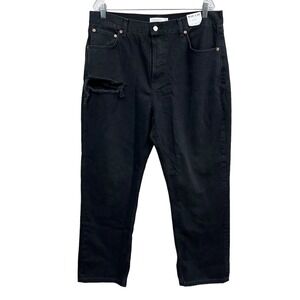 TopShop Jeans Dad Straight Leg Button Fly Hi Rise Distressed Black Women Sz 12*